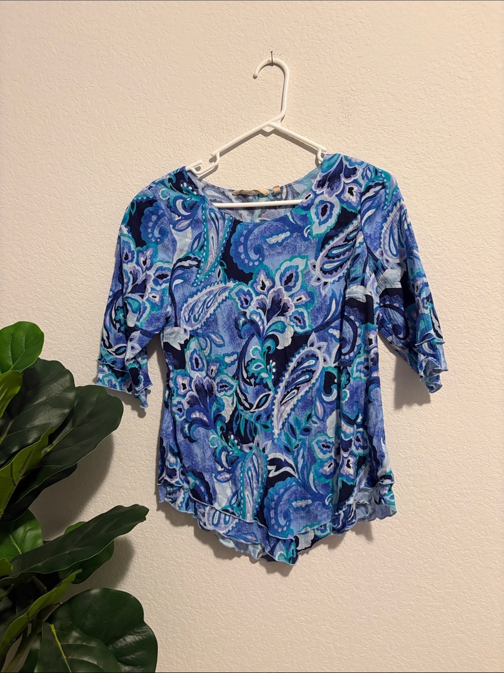 Soft Surroundings PXS blue Paisley half sleeve 100% cotton Women’s Top